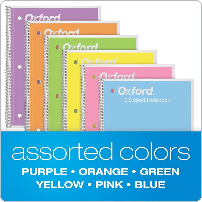 Oxford Spiral Notebooks, 6 Pack, 1 Subject, Wide Ruled Notebooks for School, 8 x 10.5 Inches, 70 Sheets, Assorted Pastel Colors, Back to School Supplies (63757) (Pack of 8)
