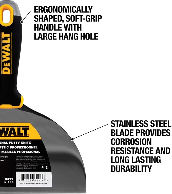 DEWALT 8" Putty Knife | Stainless Steel w/Soft Grip Handle | DXTT-2-144