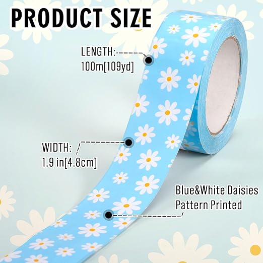 Whaline 109 Yard Groovy Daisy Packing Tape Gift Wrapping Tape Blue White Boho Spring Flower Pattern Tapes for Small Business DIY Crafts Carton Decor