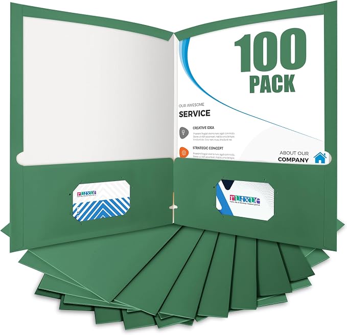 ®100 Packs Green Two Pocket Folders,File Folder with Pockets Fit Letter Size Paper,File Folders Letter Size,Durable Paper Folders for School, Office, Business. (100, Dark Green)