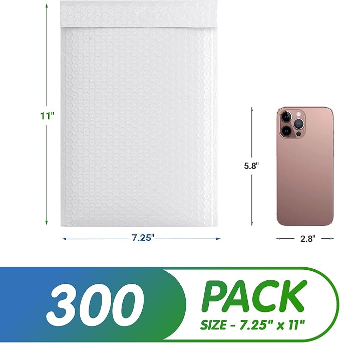 Poly Bubble Mailers, 7.25 x 11 Inch White Padded Mailers, Self Seal Shipping Envelopes, Lightweight Poly Mailer Bags, Waterproof Mailing Bags, Pack of 300