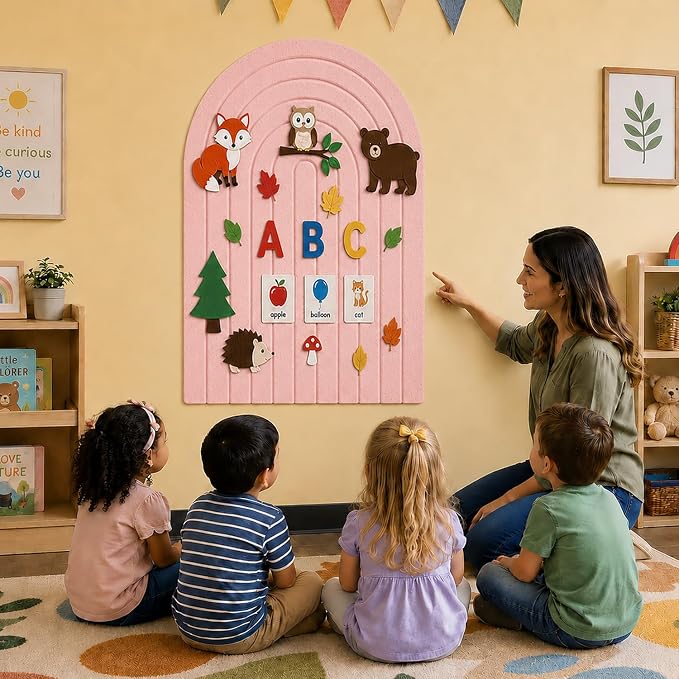 Large Arched Felt Bulletin Board, Sized 36" x 24" for Office & Wall Decor – 6 Customizable Adhesive Tiles with Pins are Perfect to Display Your Photos (Pink-A)