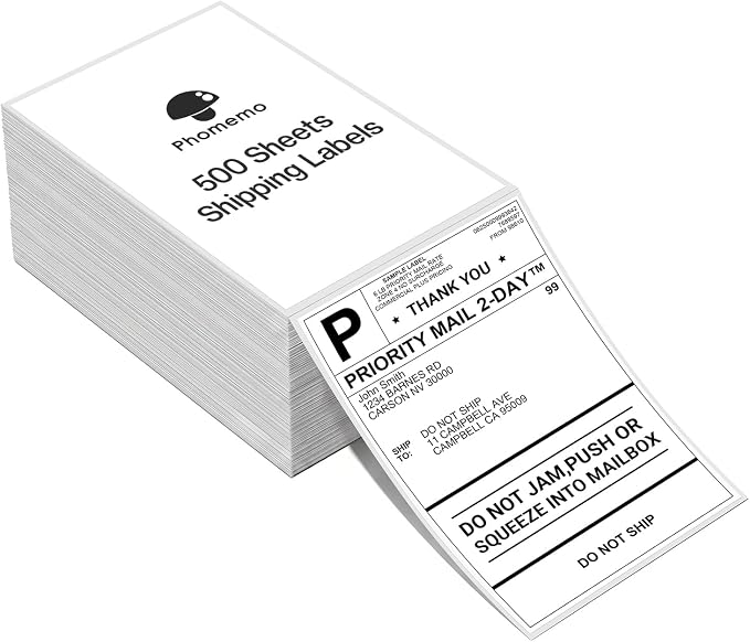 Phomemo 4x6 Thermal Shipping Labels for Phomemo Shipping Label Printer | Genuine 500 Fanfold Labels, Strong Adhesive Commercial Grade Direct Thermal Label for Shipping, Barcodes, USPS, UPS and FedEx