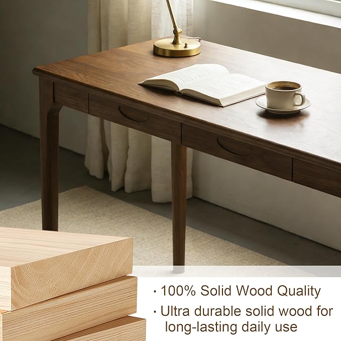 47" Solid Wood Desk with Drawers, Small Home Office Writing Wooden Desk, Gaming & Computer Desk for Bedroom, Work Study Table for Small Space(Walnut,47 Inch)