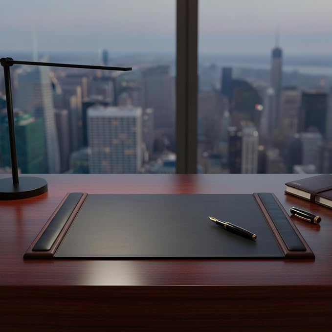 DACASSO Wood & Leather Desk Pad - Luxury Leather Desk Blotter for Writing - Padded Executive Desk Surface Protector - (Walnut & Black, 25.5” x 17.25”)
