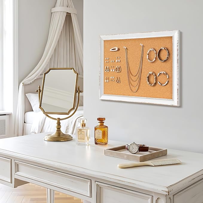 DOLLAR BOSS Distressed White Cork Board, 18"x12" Bulletin Board | Hand-Finished Rustic Frame, Vintage Farmhouse Pin Board, For Office & Home Decor, Includes Pins & Hanging Hardware