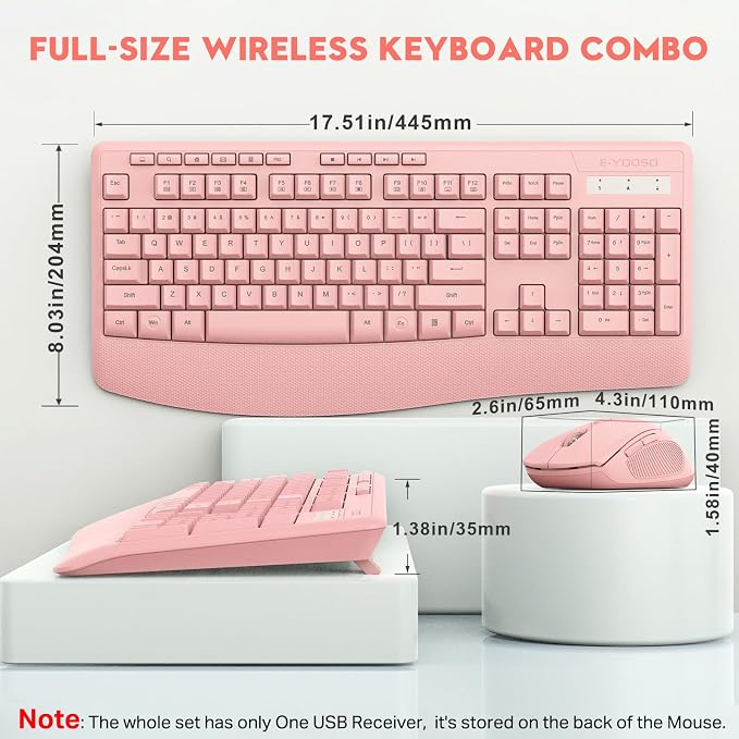 Wireless Keyboard and Mouse Combo, Full Size Ergonomic with Wrist Rest | 2.4GHz USB Receiver, 3 DPI Adjustable 6-Button Cordless Mouse for Computer, Laptop, PC, Windows