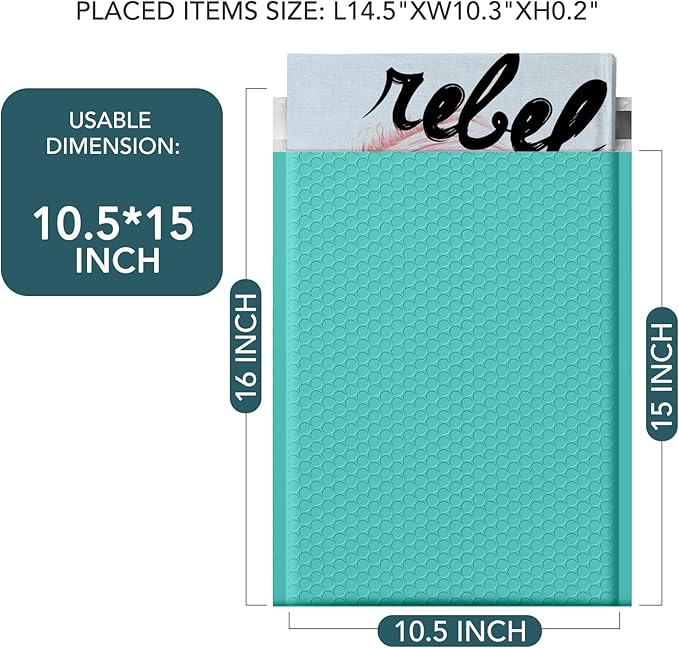 METRONIC 10.5x16 Bubble Mailers 25pack, Teal Bubble Mailer Usable Size 10.5x15, Waterproof Large Padded Envelopes, Self Adhesive Padde Mailer for Packaging, Shipping, Mailing