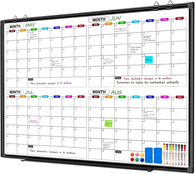 Calendar Whiteboard for Wall 48" x 36", 4 Month Dry Erase Calendar | Magnetic Dry Erase Calendar for Wall, Black Aluminum Frame, Dry Erase Board for Home School and Office Organization
