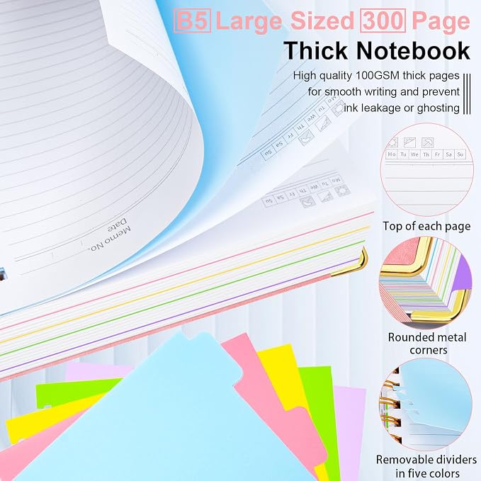 Hardcover Spiral Notebook 8"x10" Journal Notebook with Tabs and Removable Dividers 300 Pages 5 Subject Notebook College Ruled, Faux Leather Spiral Bound Notebook for Women School Work (Pink)