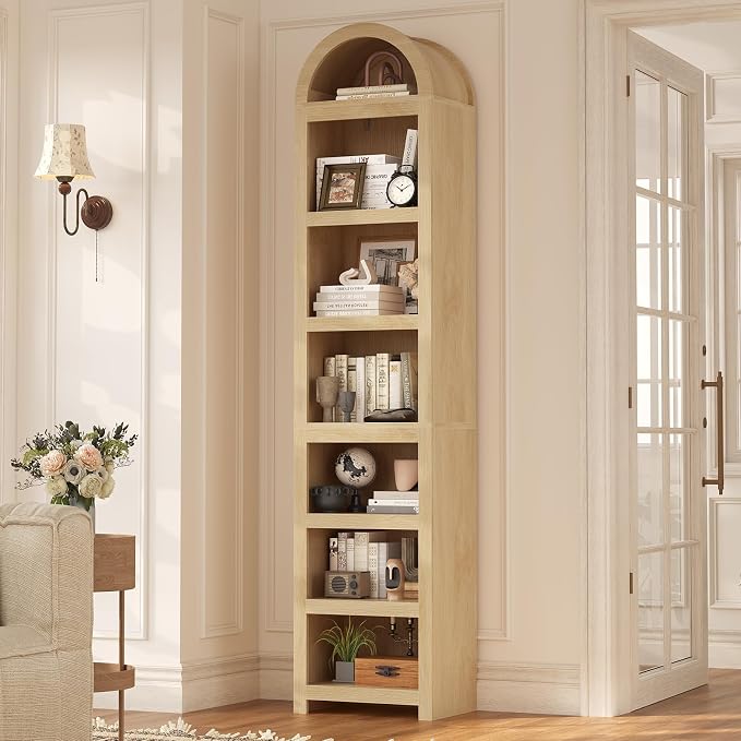 76" Tall Narrow Arched Bookcase,7-Teir Mid-Century Modern Bookshelf,Adjustable Shelves offering More Storage Space for Living Room,Kitchen,Home Office,Oak