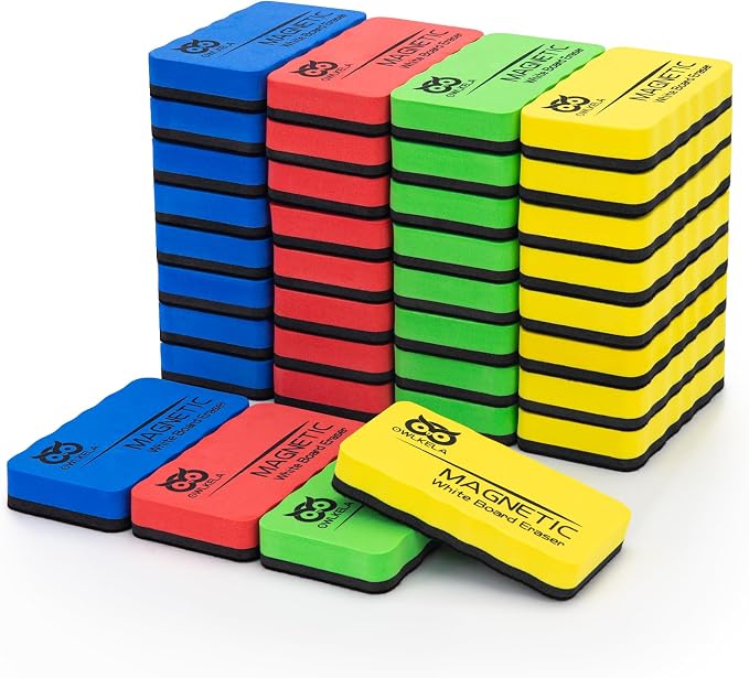 OWLKELA 36 pcs Dry Erase Erasers, 4 Colors | Magnetic, Erasers for White Board Markers, Ideal for Classroom, Home and Office