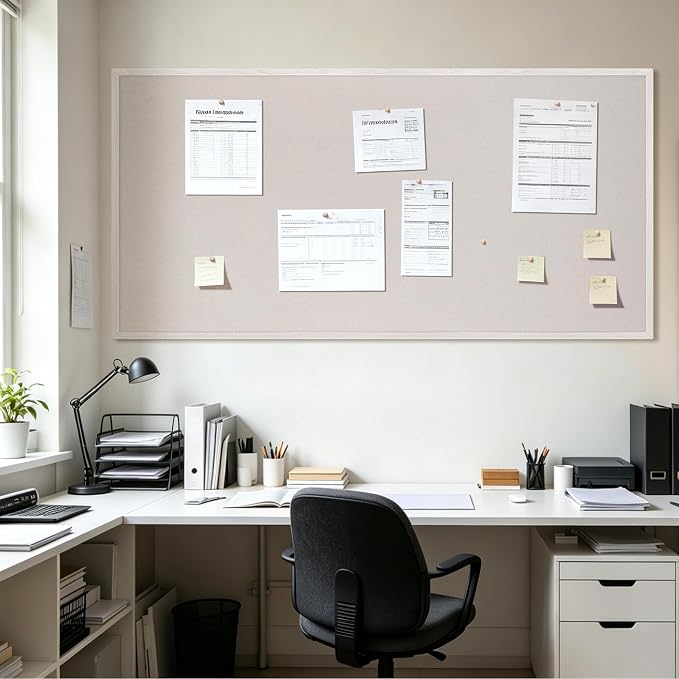 SELEAD Double-Sided Linen and Cork Bulletin Board (48"x24", Oatmeal White) | 2-in-1 Fabric Linen & Cork Pin Board, White Wood Frame Wall Decor Photo Display Vision Board for Home Family, Office, Kitchen