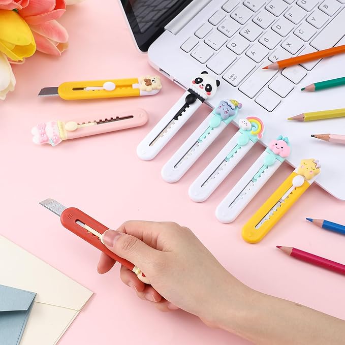 8 Pieces Cute Box Cutter Utility Retractable Mini Sharp Kawaii Knives Package Opener Paper Cutters for Office, Arts Crafts, Home Use (Nature,Bright Color)