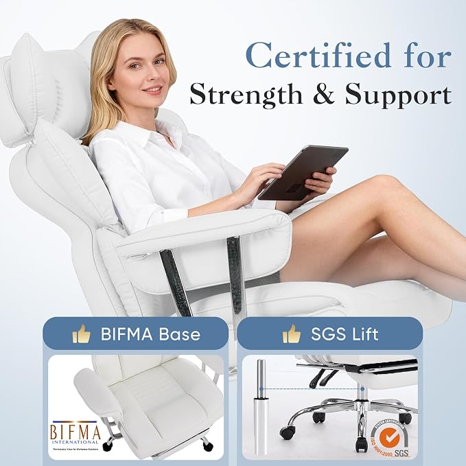 DUMOS Big and Tall Home Office Desk Chair, Executive Chair with Footrest | Scratch-Resistant PU Leather, Ergonomic Reclining, Pocket Spring Support, 400 LBS Weight Capacity, White