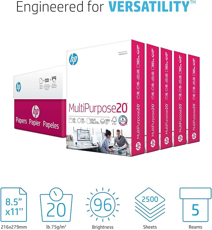 HP 115100 Multipurpose Paper, 96 Bright, 20 lb, Letter, White, 2500 Sheets/Carton