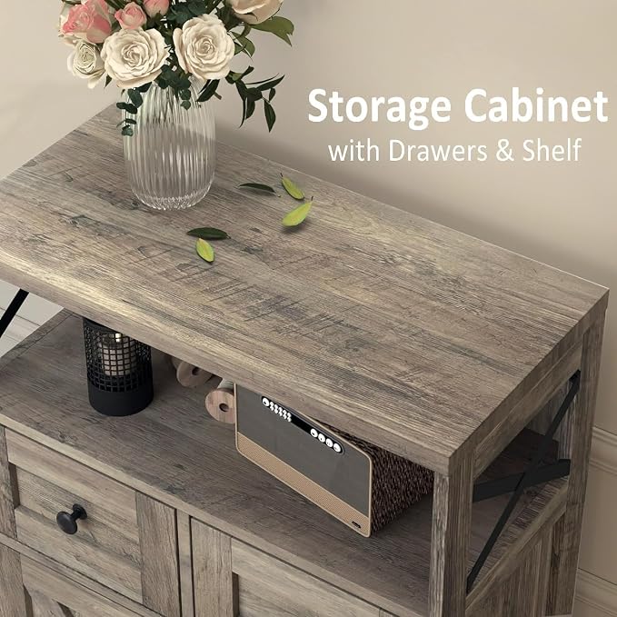 Farmhouse Storage Cabinet Set of 2, Small Kitchen Pantry Coffee Bar Cabinet | Accent Buffet Cabinet Cupboard, 2 Drawers, Barn Doors & Adjustable Shelves, for Kitchen/Entryway/Bathroom, Rustic Gray