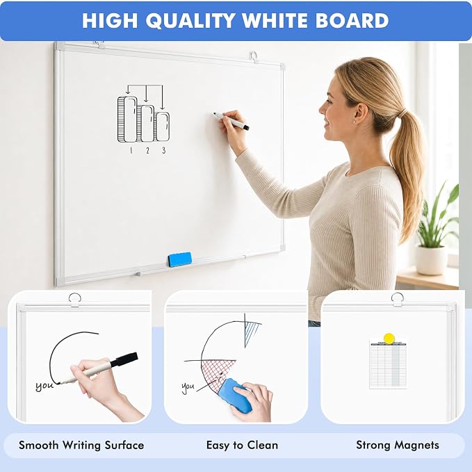 Double-Sided White Board Dry Erase Magnetic Whiteboard Wall 36x24, White | Smooth Write & Clean, Durable 11-Layer, Aluminum Frame, Easy Wall Mount & Hanging, Full Kit for Home, Office, School