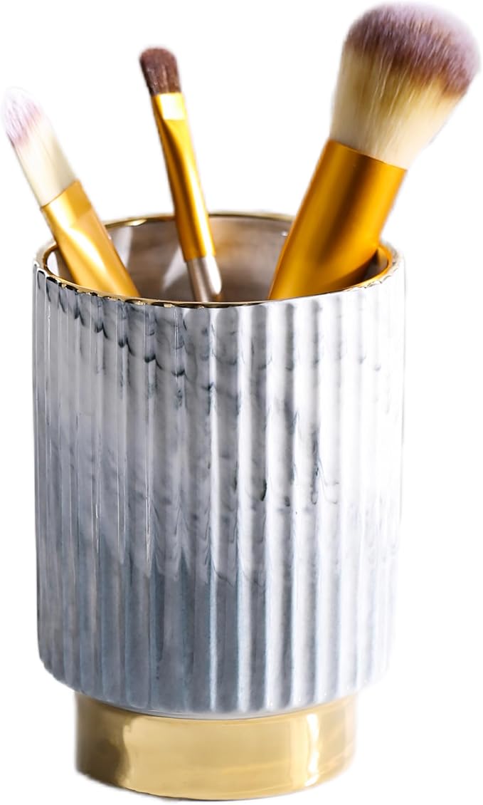 Makeup Brush Holder Organizer Pen Pencil Cup Glass Make Up Brushes and Toothbrush Organizer for Bathroom Vanity Desktop European Style Striped Brushes Container,Grey and Gold