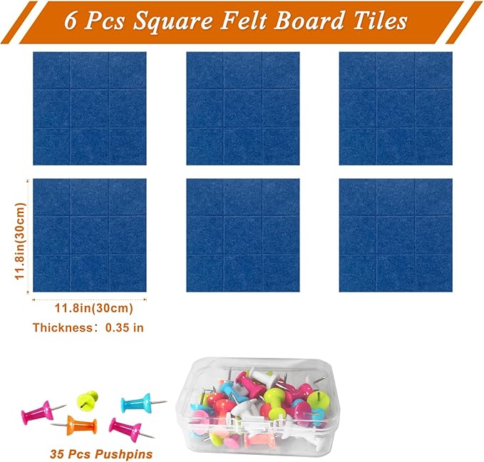 Large Square Felt Cork Board Tiles, Self Adhesive DIY Felt Bulletin Board Pin Board with 35 Pushpins for Office School Home Wall Decor Stickers Memos Photos Display (Blue)