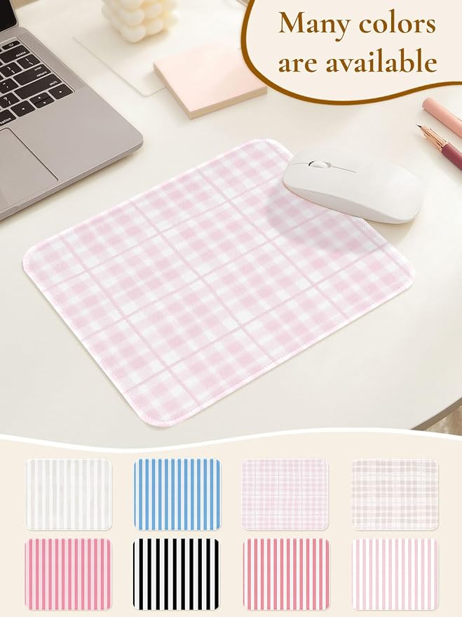 Square Cute Striped Mouse Pad with Stitched Edge, Premium Waterproof Cloth Aesthetic Small Mouse Mat, Non-Slip Rubber Base Simple Funny Mousepad Desk Accessories,Pink Checkerboard