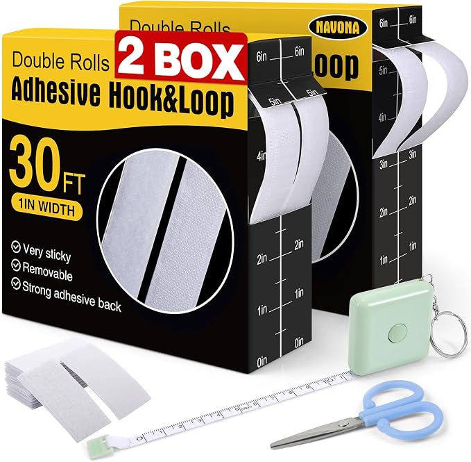 2 Boxes Heavy Duty Hook and Loop Strips with Adhesive, 60Ft Total x 1 Inch Hook and Loop Tape with Backing for Home, Office, School, and Crafting Projects, White