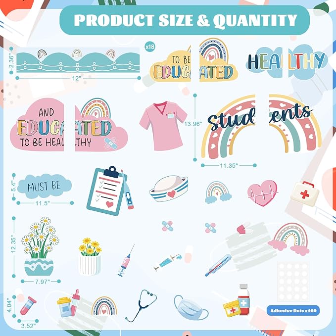 48Pcs Boho Healthy Bulletin Board Decorations Set, Welcome Back to School Classroom Decorations Kit, Nursing Appreciation Office Decor Medical RN Cutouts Healthcare Workers Chalkboard Door Wall Decor