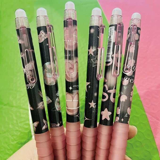MOZXIRZ 6 Pcs Erasable Gel Ink Pens Retractable Pens 0.5mm Blue Ink Pen Office School Pens Cute Aesthetic Pen Women Girls (Blue Ink-Flowers)