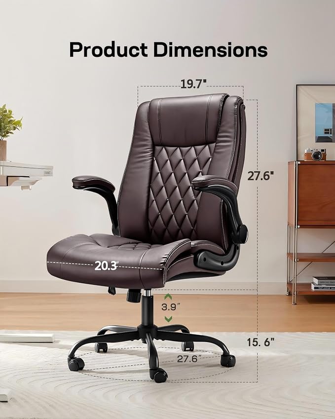 Marsail Executive Office Chair Ergonomic Desk Chair with Flip-up Armrests PU Leather Height-Adjustable Swivel Rolling Brown