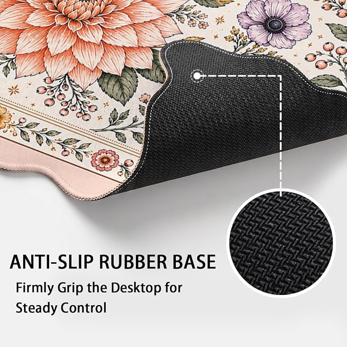 Vintage Floral Scalloped Desk Mat Peach Blossom Botanical Wildflower Extended Gaming Mouse Pad Mat with Stitched Edge Non-Slip Base Big Mouse Pad Office Computer Keyboard Laptop Home 31.5"x15.7"