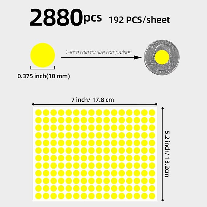 3/8" Small Colored Dot Stickers 2880 PCS Round Circle Stickers Tiny Yellow Coding Labels Mini Sticker for Office,Classroom (Yellow, 3/8" (10 mm))