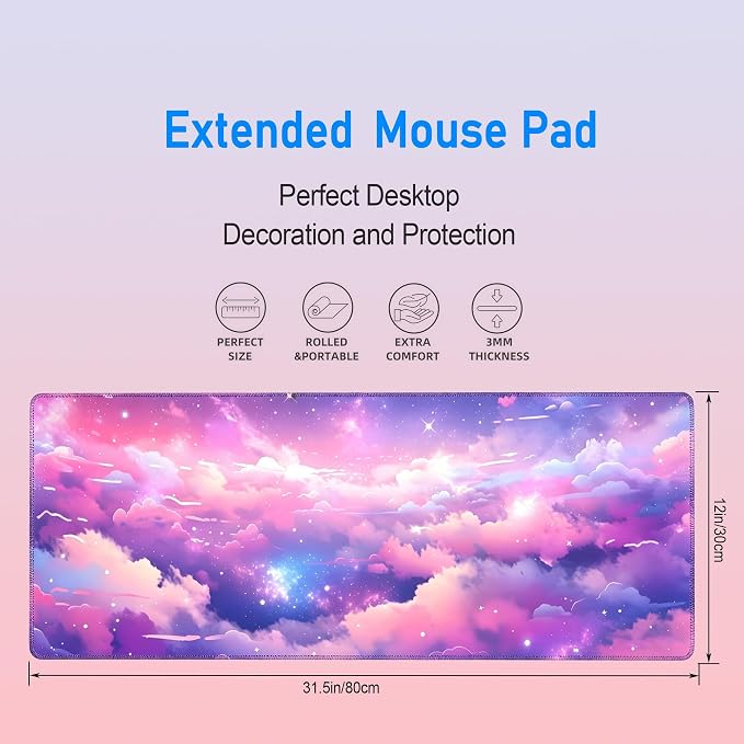 Pretty Cloud Desk Mat,Large Cute Pink Purple Sky Mouse Pad,31.5x12in | Starry Sky Gaming Mousepad,Extended Girly Galaxy Desk Decor Deskmat for Women,Pastel Colorful XL Keyboard Mat,80x30 cm