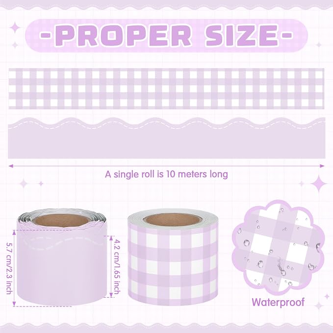 2 Rolls 65.6ft Macaron Purple Gingham Bulletin Board Borders Decoration Purple Checkered and Straight Edge Bulletin Borders Board Trim for Office School Classroom Chalkboard Party Decoration