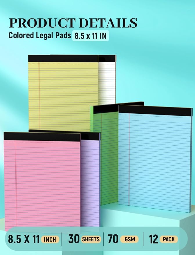 12 Pack Legal Pads 8.5 x 11 College Ruled, 30 Sheets Per Colored Note Pads | Perforated Lined Paper Pads 8.5x11, Writing Pads with Sturdy Backing, Legal Pads for School, Office, Home