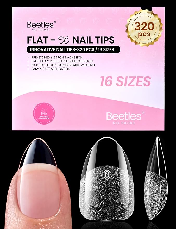 Beetles Short Almond Nail Tips, 320pcs 16 Sizes(00-14), Pre-Etched Half-Matte Full Cover Soft Gel Nail Tips Flat-X, Clear Press On False Nail Supplies, Easy DIY Nail Extension Salon Gift for Women