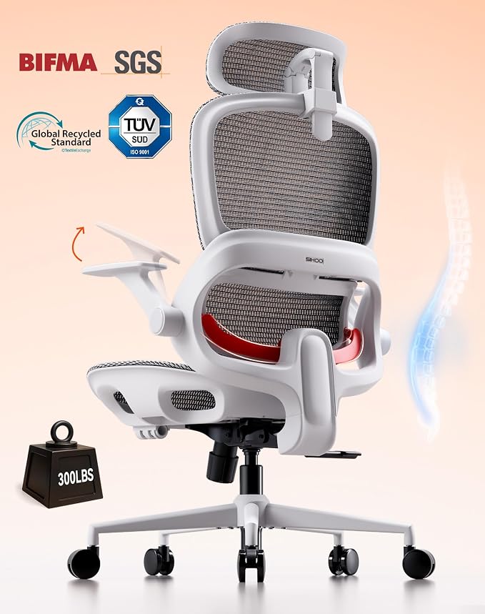 SIHOO B100 Office Chair, Ergonomic Office Chair Without Footrest, Computer Chair with Wide Headrest & Adaptive Lumbar Support, Flip-up Armrests, Swivel Desk Chair for Long Hours, Grey