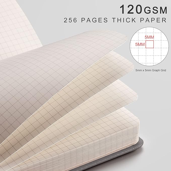 EMSHOI Graph Paper Notebook, 256 Pages 120 GSM Thick Paper, A5 Small 5.75"x8.38", PU Leather Hardcover Journal, 5mm Grid Notebook for Work School Math Engineering Writing Graphing, Dark Grey
