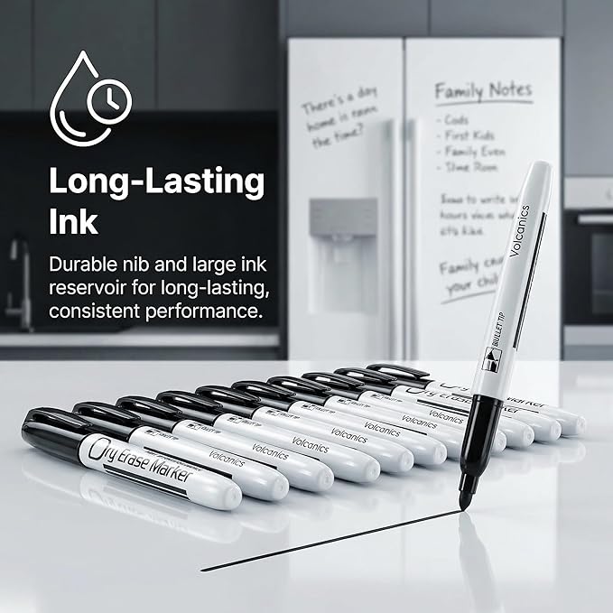 Volcanics Black Dry Erase Markers Low Odor Fine Whiteboard Markers Thin Box of 12