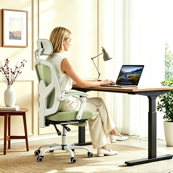 Ergonomic Office Chair with Footrest, Computer Gaming Chair | Adjustable Headrest, Lumbar Support, Swivel Reclining, Padded Armrest, Mesh High Back, Home Desk Work Study, Green