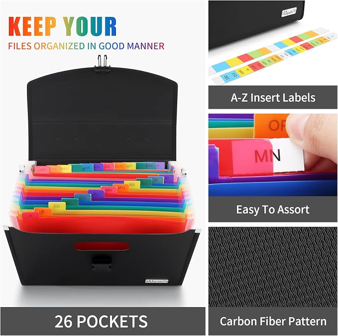 Uquelic 26 Pockets Expanding File Folder, Accordion Document Organizer | Folio Upgraded Durable Buckle, Base with Ergonomic Handle, Large A4 Letter Size Expandable File Organizer