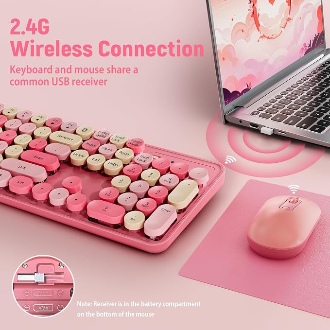 Wireless Keyboard and Mouse, Full-Sized Typewriter Keyboard Silent, Pink | USB Full-Sized Quiet Keyboard, Cute Colorful Round Keycaps, Plug & Play, Compatible with PC, Computer, Laptop