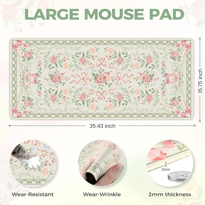 iCasso Green Desk Mat,Cute Desk Pad for Keyboard and Mouse | Anti-Slip Large Gaming Computer Mat,Soft Lycra Surface Laptop Pad Women,Aesthetic Girly Desk Cover for Home Work