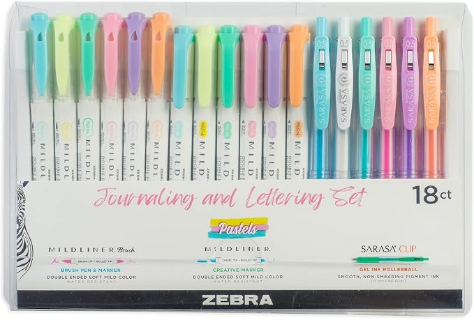 Zebra Pen MILDLINER Highlighter, Brush & SARASA Gel Pen Set, Assorted 18-Pk | Includes 6 MILDLINER Highlighters, 6 Brush Pens, and 6 SARASA Clip Gel Pens, Ideal for Journaling and Hand Lettering (76018)