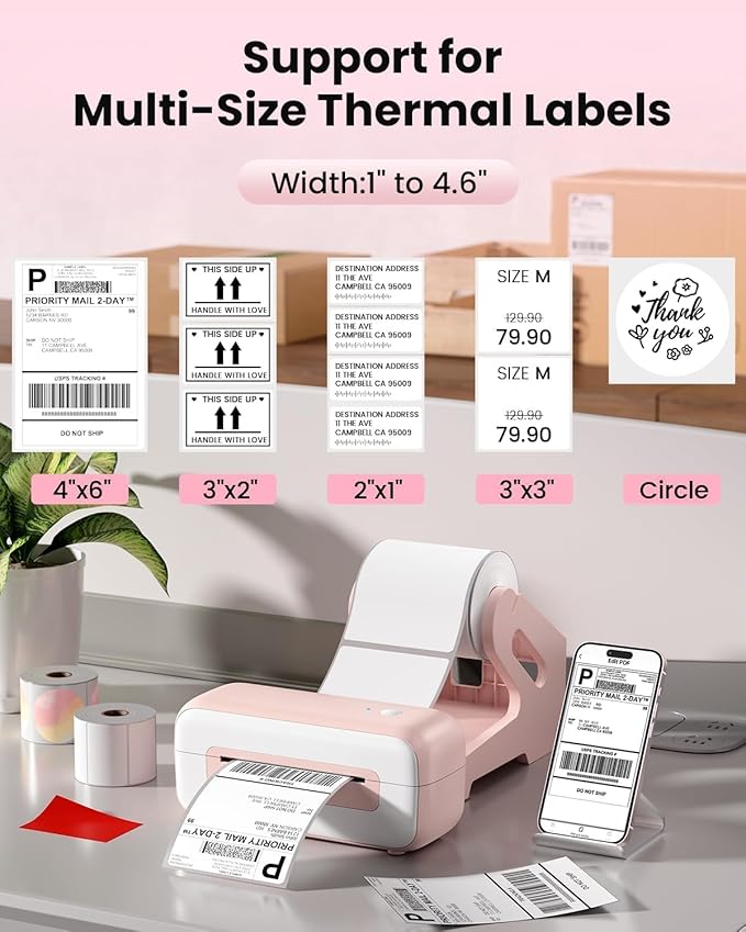 Phomemo Shipping Label Printer- Bluetooth Thermal Label Printer 4x6 for Small Business, Compatible with iPhone Android Windows Mac, Fast Inkless Printing for Amazon Shopify USPS FedEx - Pink
