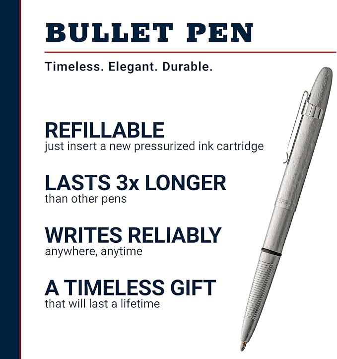 Fisher Space Pen Brushed Chrome Bullet Pen, Pressurized Ballpoint Pen, Compact Size, Writes Upside Down, Extreme Temperatures, Smooth Black Ink, Medium Point, Pocket Clip, Gift Box, Made in USA