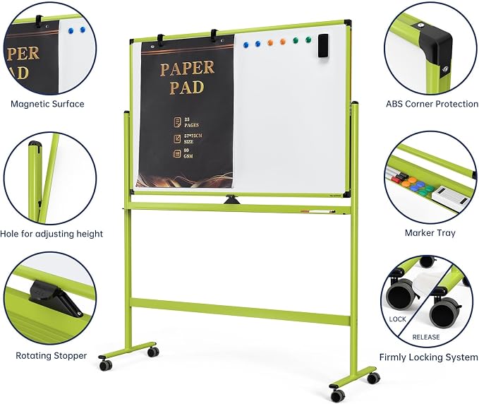 Large Dry-Erase Rolling Magnetic Whiteboard - 48 x 32 Inches Dry Erase Board with Stand Height Adjust Double Sides Mobile White Board Easel on Wheels with 25 Sheets Paper Pad Office, Home & Classroom
