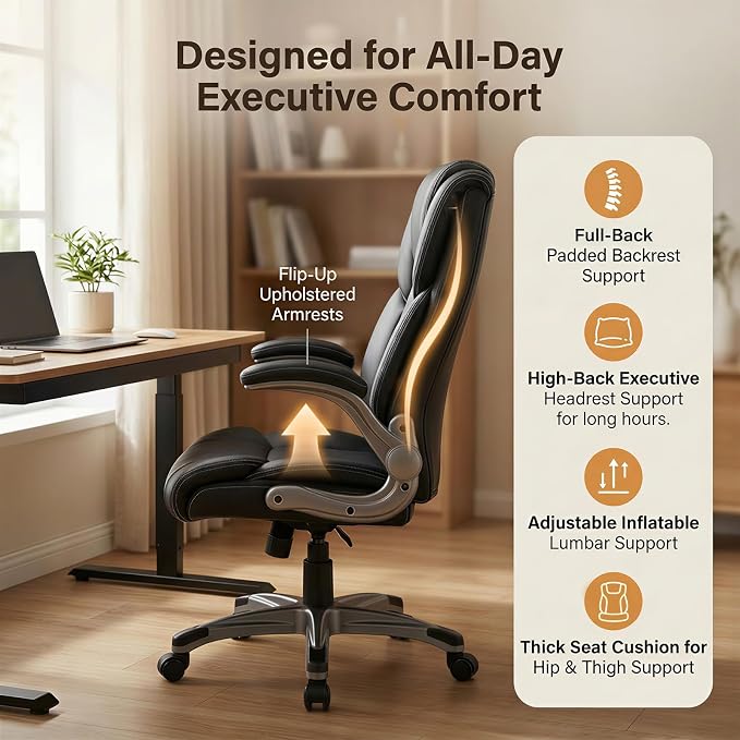COLAMY Ergonomic Executive Office Chair, High Back Desk Chair with Adjustable Lumbar Support, Flip-Up Armrests & Thick Seat Cushion, 90°–110° Reclining Computer Chair for Home Office,Set of 2