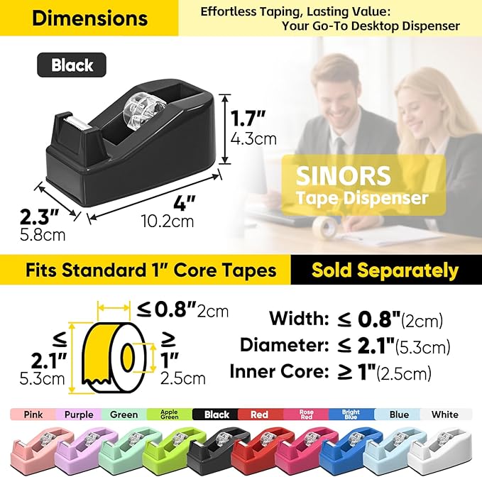 Desktop Office Tape Dispenser, Fits Standard 1-Inch Core Tapes, Weighted Non-Slip Base, Sharp Metal Blade, Smooth Cutting, Adhesive Roll Holder for Office, School, Shop, Home & Business - Black