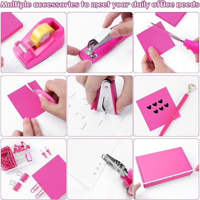 Hot Pink Desk Accessory Kit Cute Office Supplies Set Desktop Stapler Set Includes Staple Remover Hole Punch Tape Dispenser Ballpoint Pen Scissor Mini Box Cutter Tape Measure Paper Clips Sticky Notes
