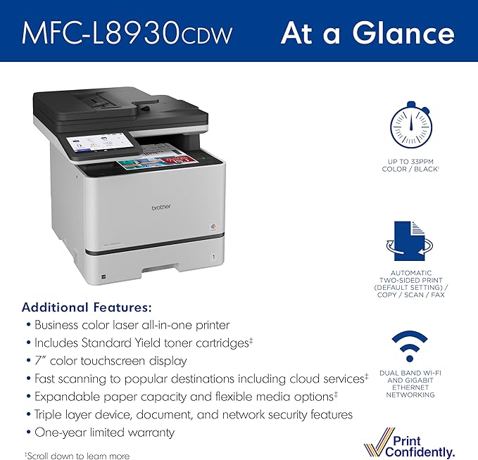 Brother MFC-L8930CDW Business Color Laser All-in-One Printer with Duplex Print, Scan, Copy, Low-Cost Printing, and Advanced Security Features